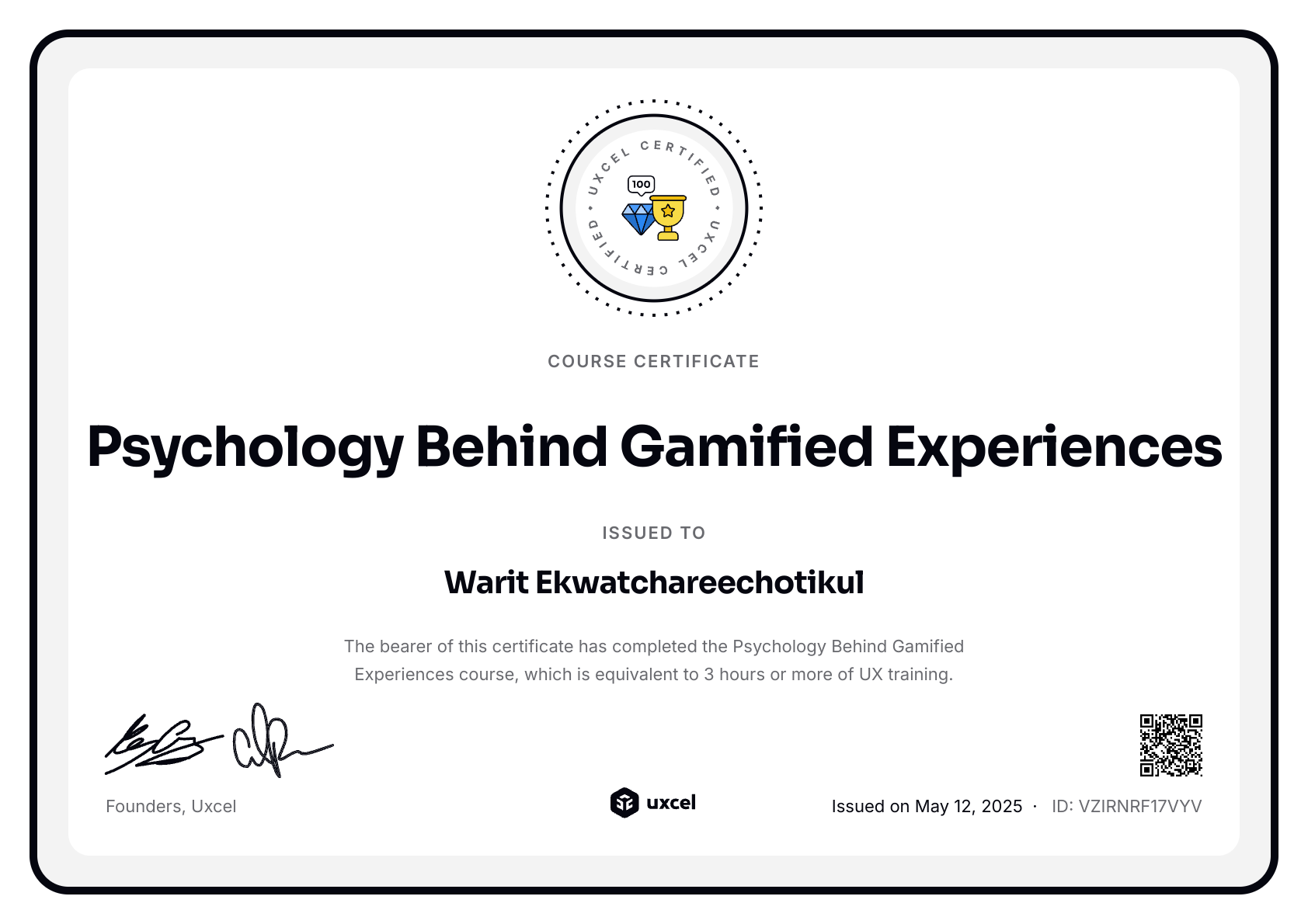 Warit Ekwatchareechotikul's certificate